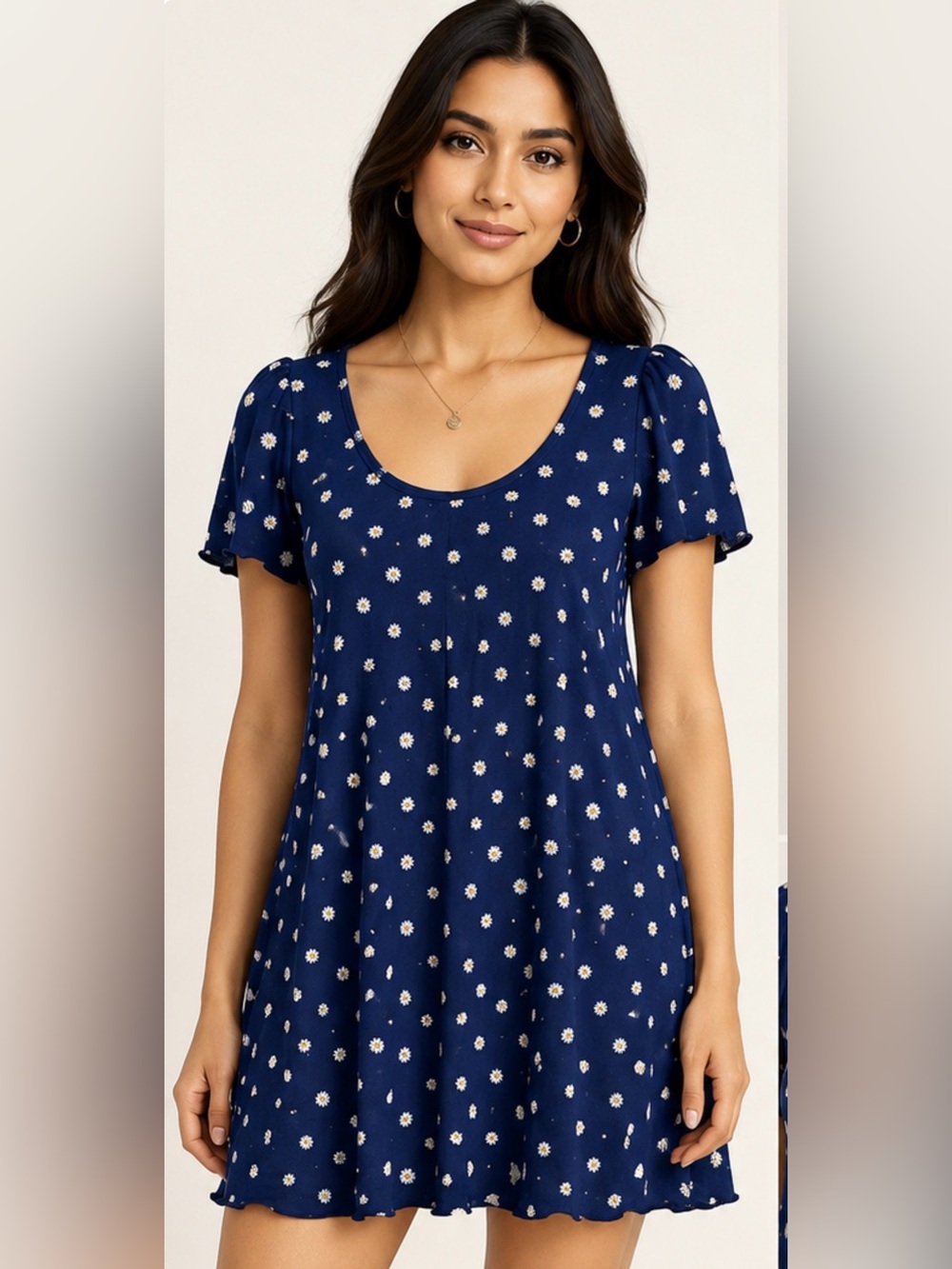 Navy Blue Daisy Print Mini Dress Puff Sleeve Scoop Neck Cottagecore Floral XL